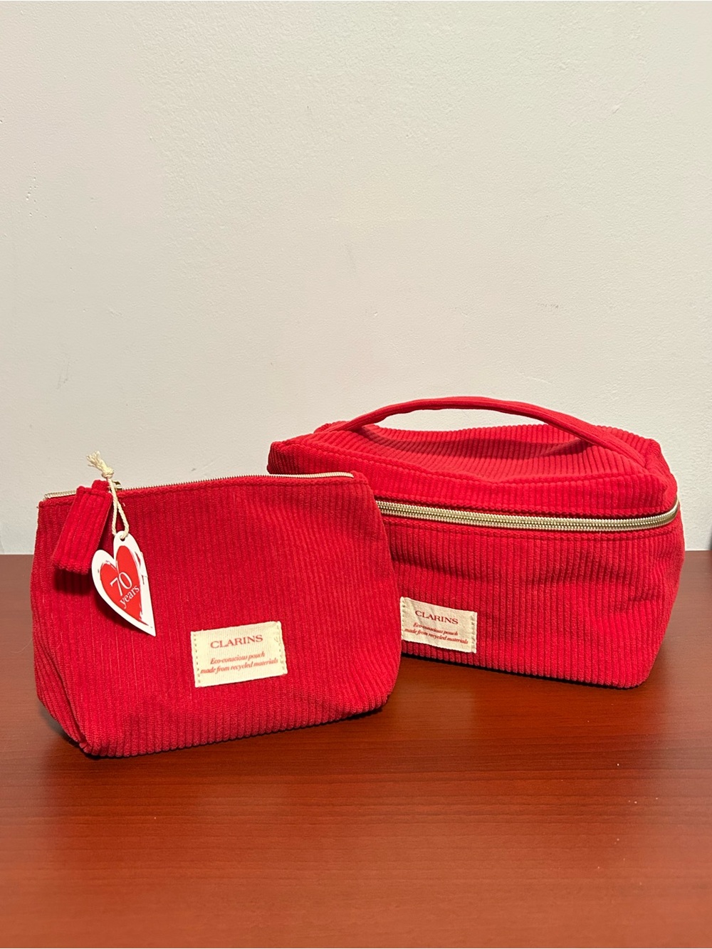 Clarins Red Corduroy Travel Cosmetic Bag Set